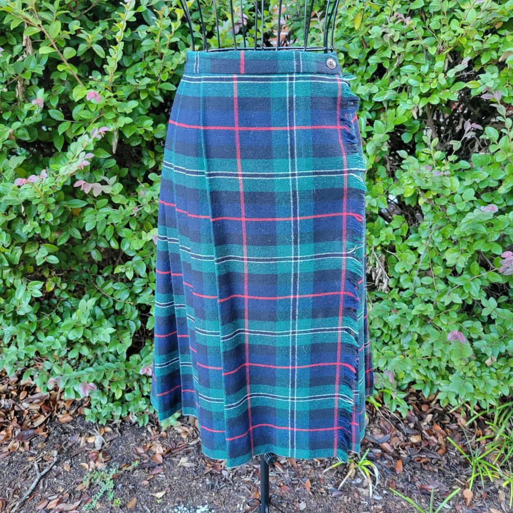 Vinyage 5 Kilt Skirt Green Tartan Plaid Fringe Wrap Midi Pleated School Girl